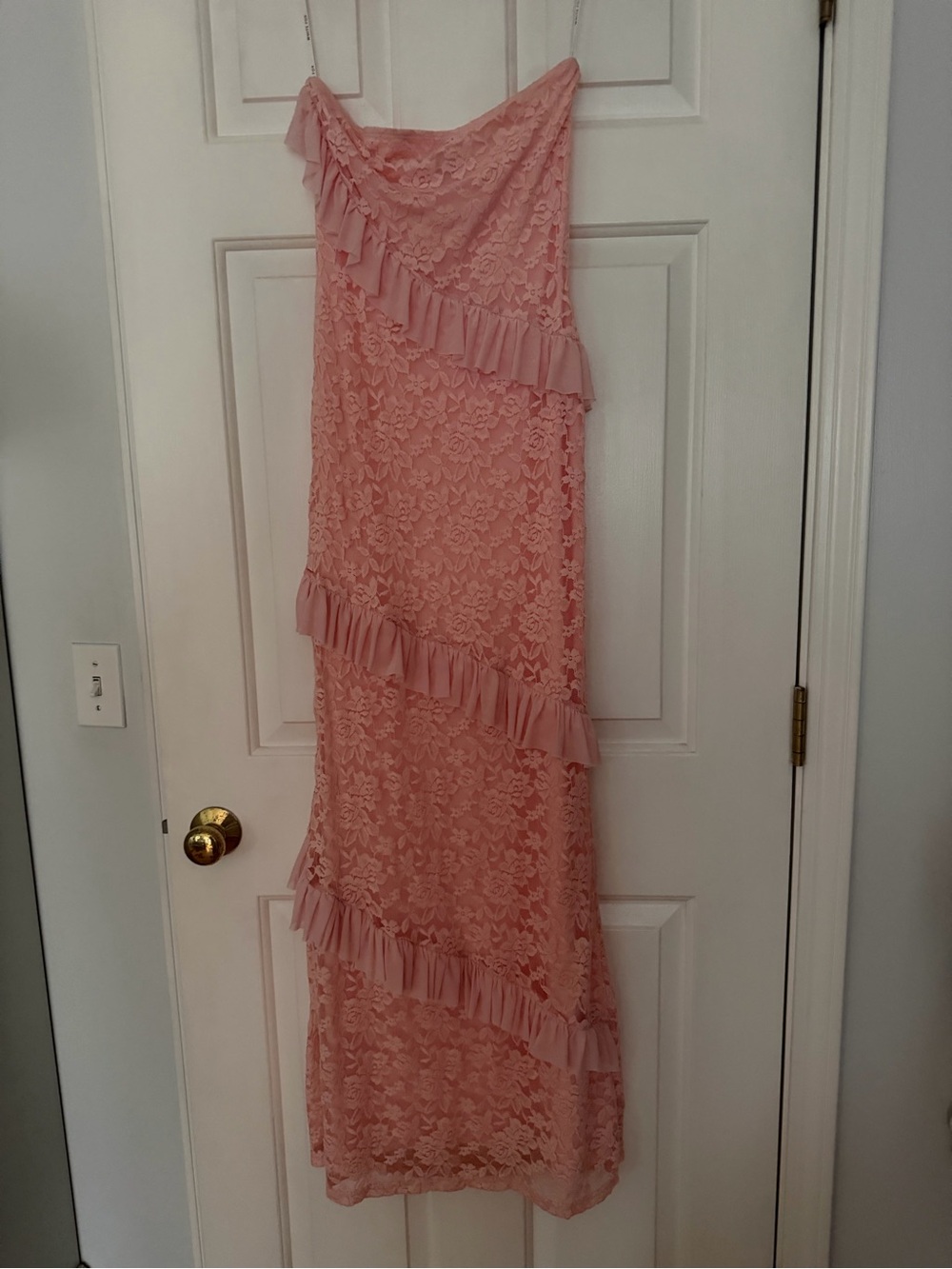 White Fox Boutique Blush Pink One-Shoulder Lace Ruffle Gown